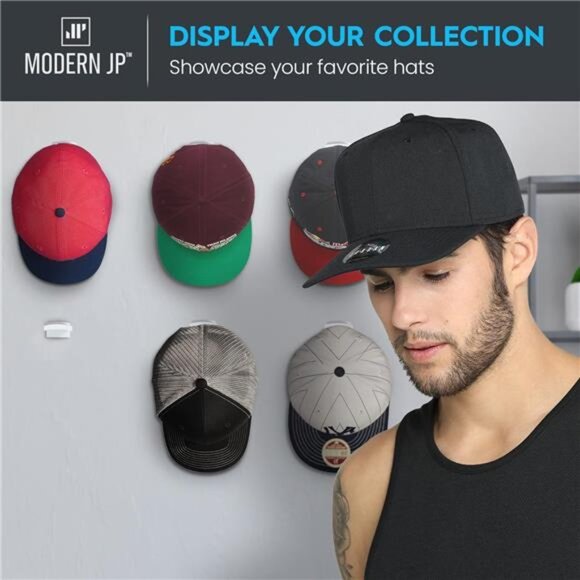 Modern JP Adhesive Hat Hooks for Wall (16-Pack) - Minimalist Hat Rack Design - Picture 6 of 7